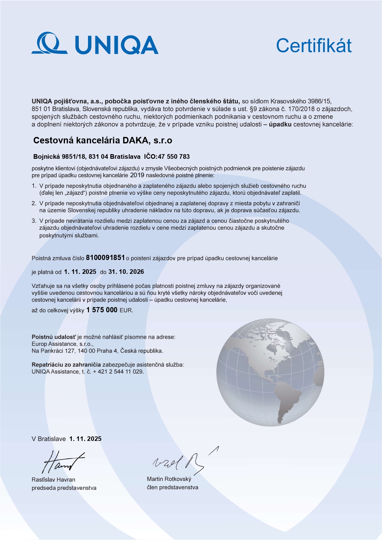 Poistný certifikát 2025 - 2026