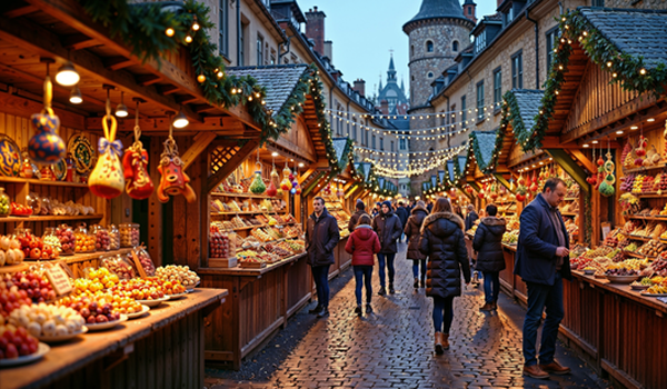 Európske vianočné trhy v uličke so stánkami plnými sladkostí a ovocia, s vianočnými svetlami a ľuďmi prechádzajúcimi stredom.